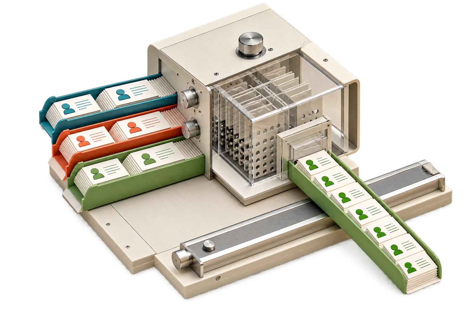 Transparent cutout of a three-stream contact-data testing machine