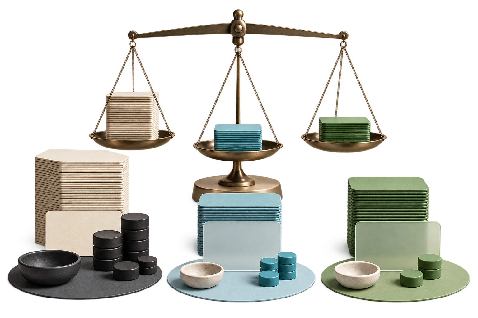 Transparent cutout of a precision balance comparing stacks of data cards and usage tokens
