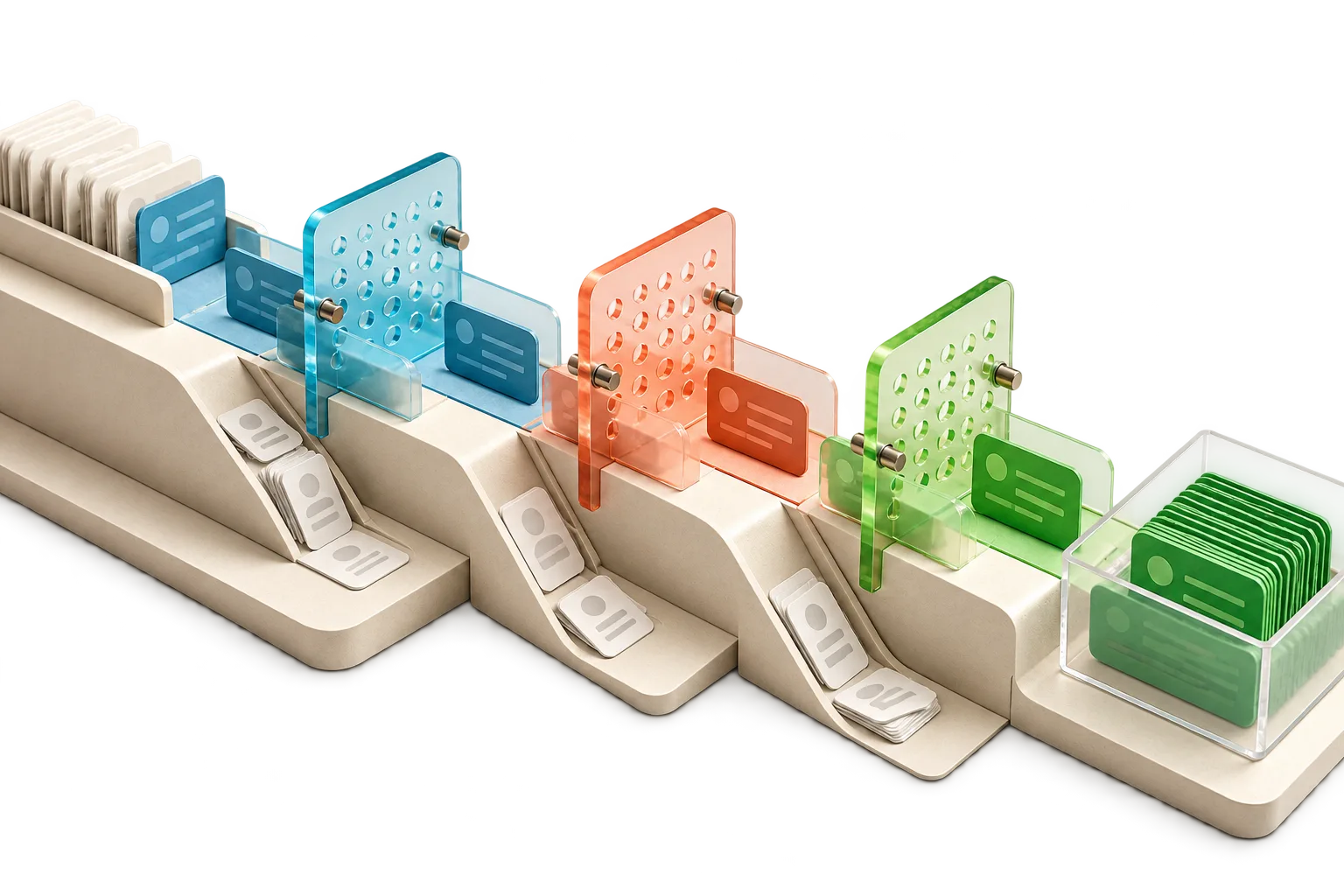 Transparent cutout of sequential contact cards moving through three data filters