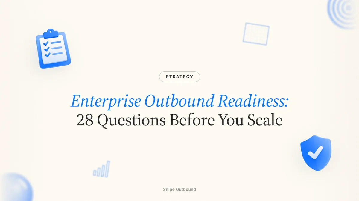 Enterprise Outbound Readiness: 28 Questions Before You Scale, with checklist and shield icons