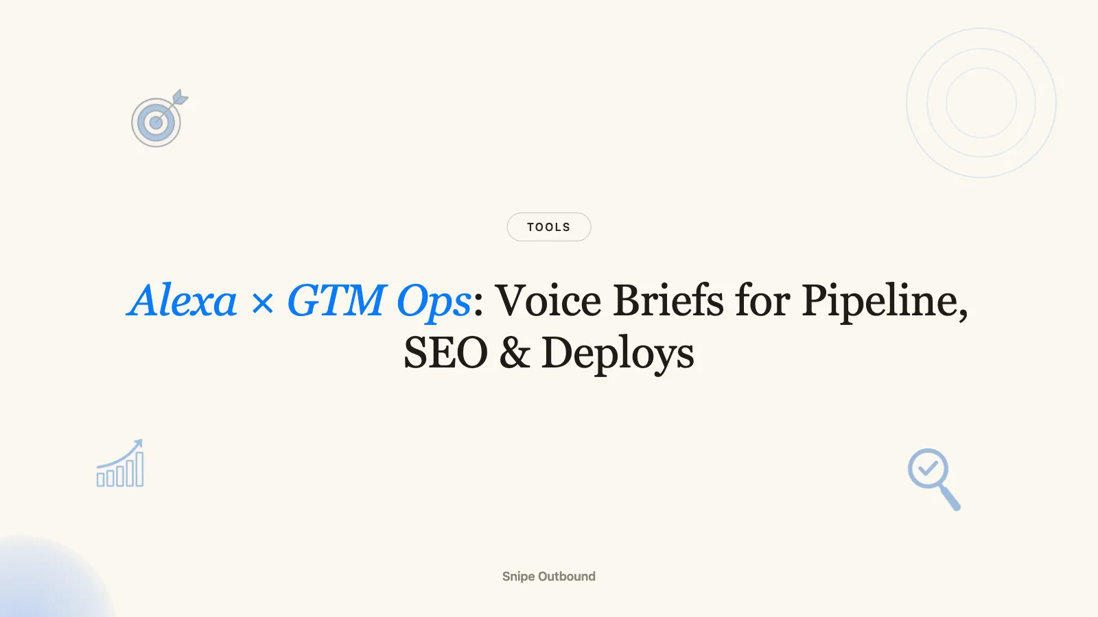 Alexa × GTM Ops cover: cream TOOLS editorial card for voice briefs over pipeline, SEO, and deploys