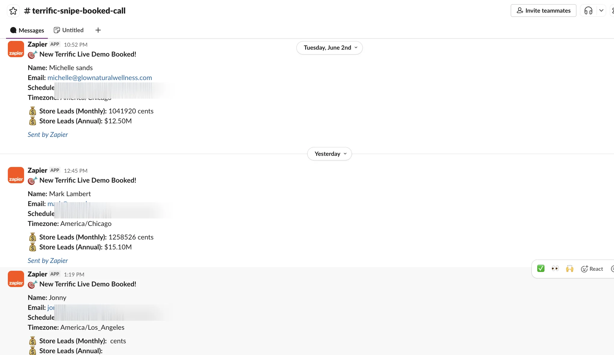 Booked meetings landing in Slack in real time