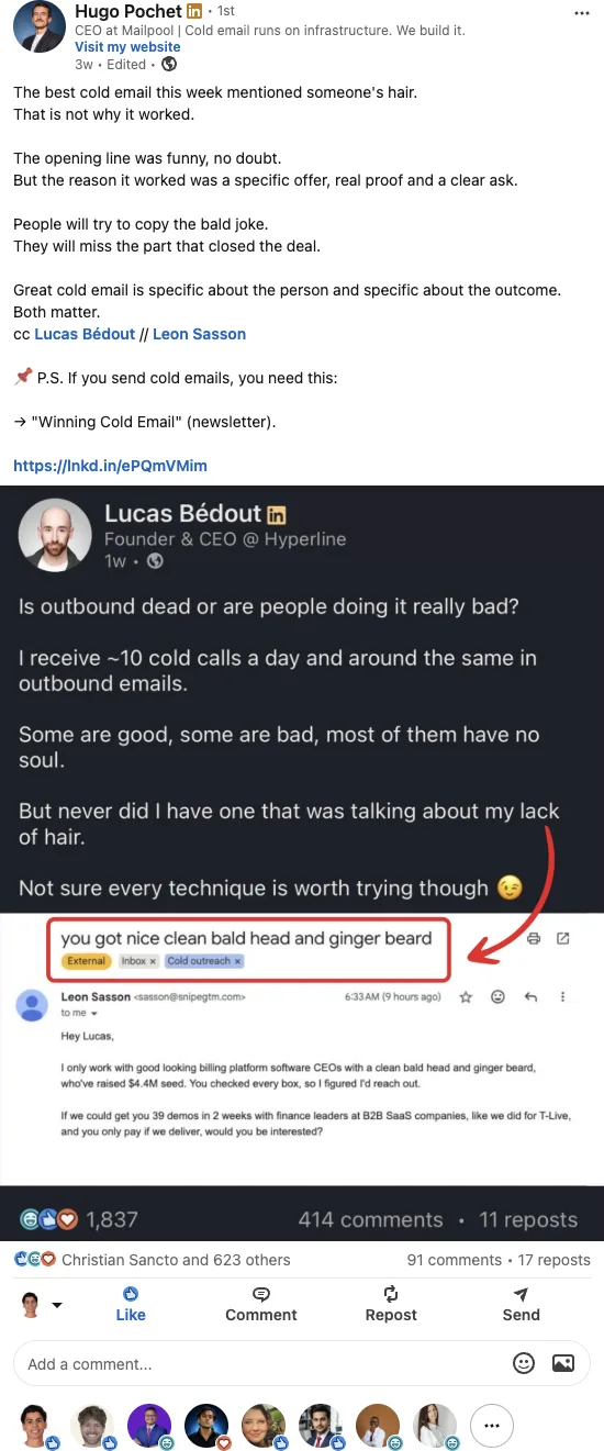 Hugo Pochet LinkedIn post breaking down why the viral cold email worked