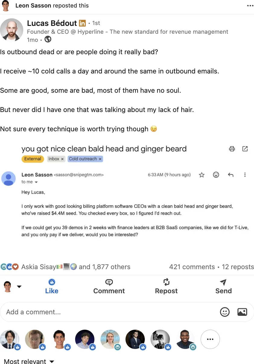 Lucas Bedout LinkedIn post about the viral Snipe Outbound cold email, 1,877 reactions