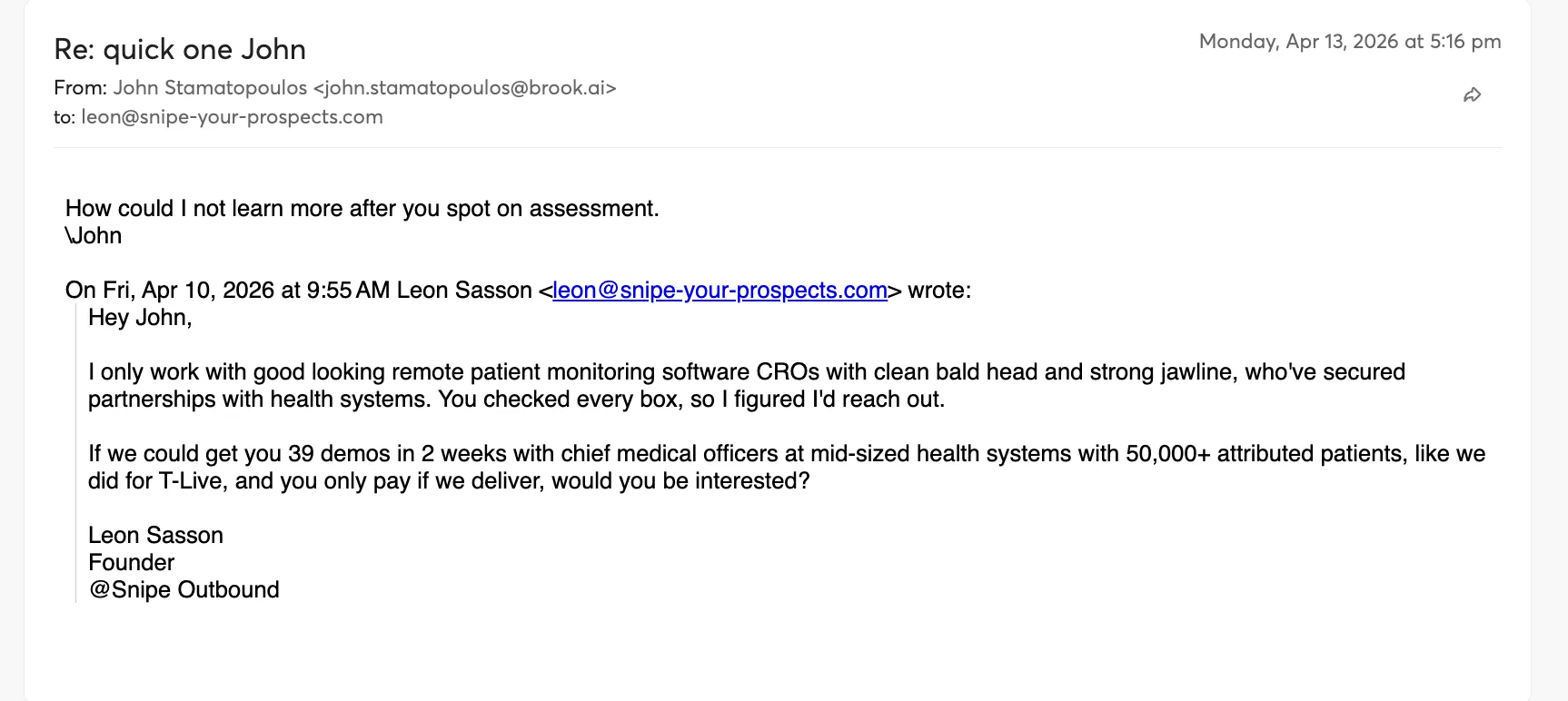 John Stamatopoulos of brook.ai replying to a Snipe Outbound cold email, meeting booked